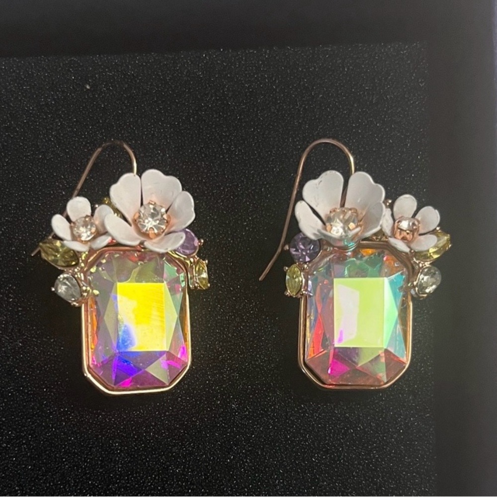 Betsey Johnson Iridescent Crystal Drop Earrings With Floral Embellishments